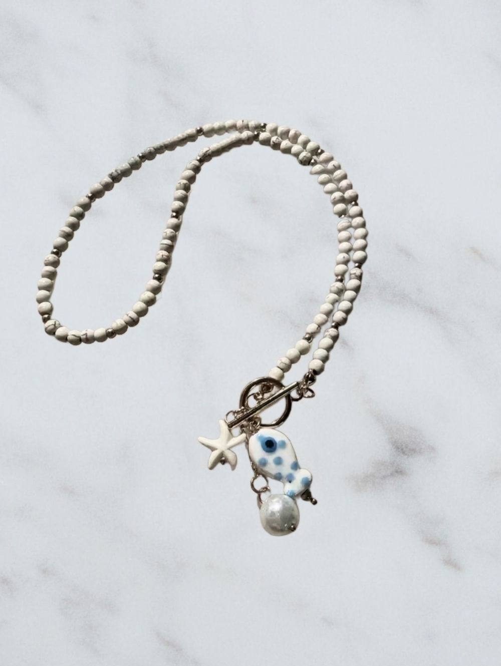 Ceramic starfish, fish and pearl charm necklace; 18.19" around neck; nwot - Picture 4 of 9